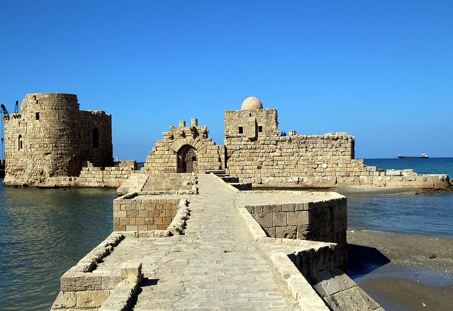 castle ruin, surrounded, body, water, Saida, Lebanon, Beirut, Castle, Crusade, saida, lebanon