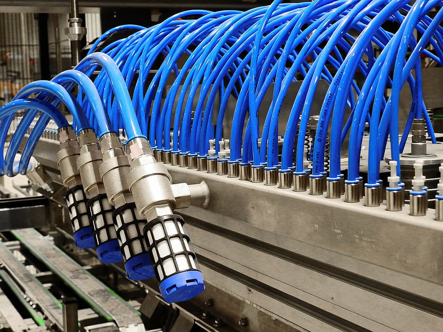 blue cables, pneumatics, compressed air, control, festo, anlagentechnik, industry, hoses, pipes, plant