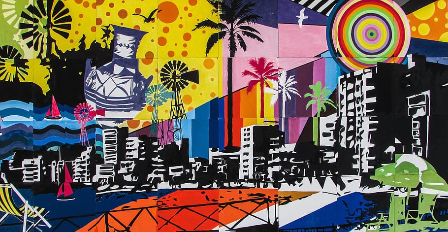 multicolor, ilustración de edificios de la ciudad, chipre, paralimni, graffiti, colorido, historia, tradición, turismo, creatividad