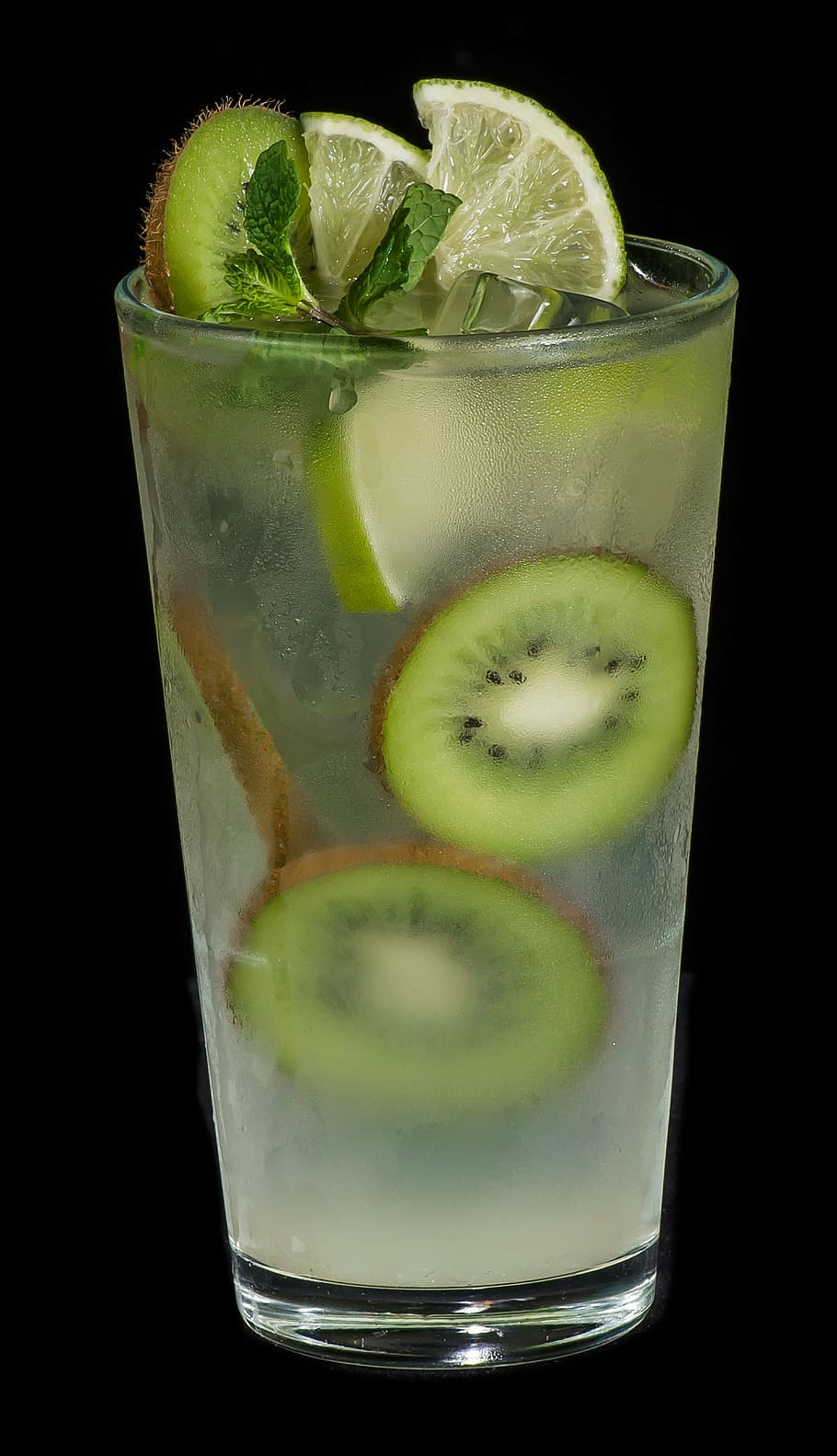 vaso para beber, rodaja, kiwi, lima, bebida de verano, cóctel, vidrio, hugo, tei, verde