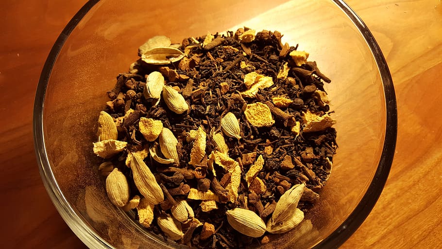 chai, tea, spices, cloves, cardamom, peppercorns, cinnamon, seeds, food and drink, food