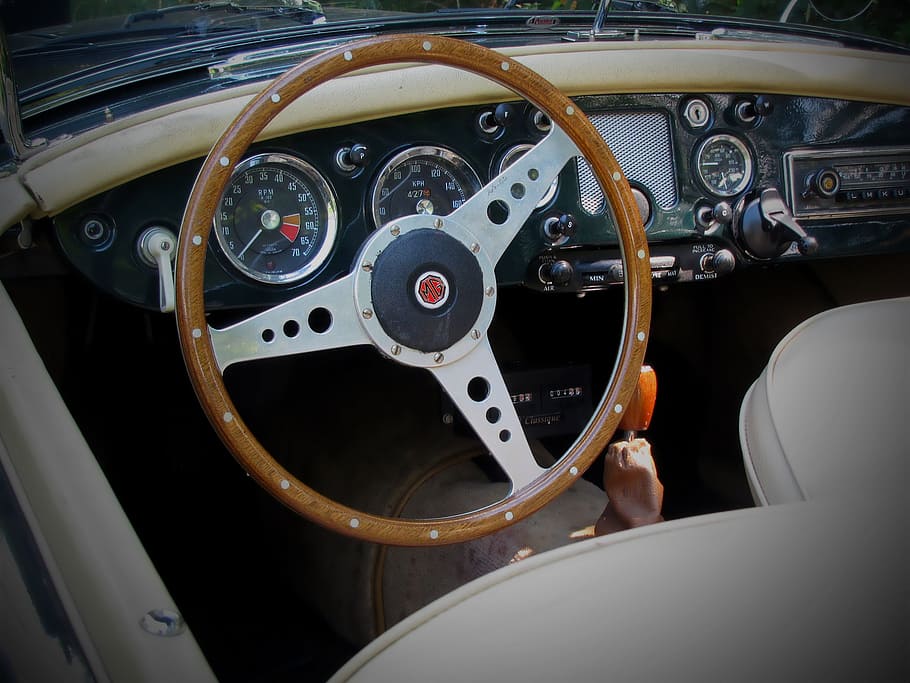 sports steering wheel, vintage, sports car, automotive, mg, british car brand, dashboard, wooden steering wheel, car interior, odometer