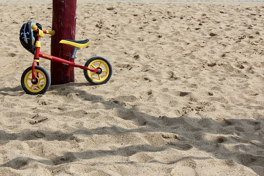 toddler, red, yellow, balance bike, parked, post, child's bike, bike, sand, helm