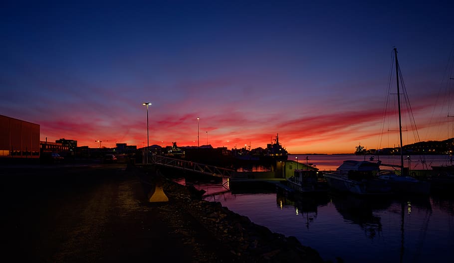Sunset, Bodø, Jan, cityscape under golden hour, sky, water, transportation, nautical vessel, reflection, mode of transportation