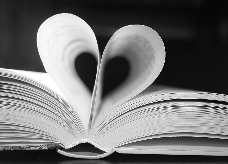 heart, formed, open, book, black, white, love, read, pages, luck