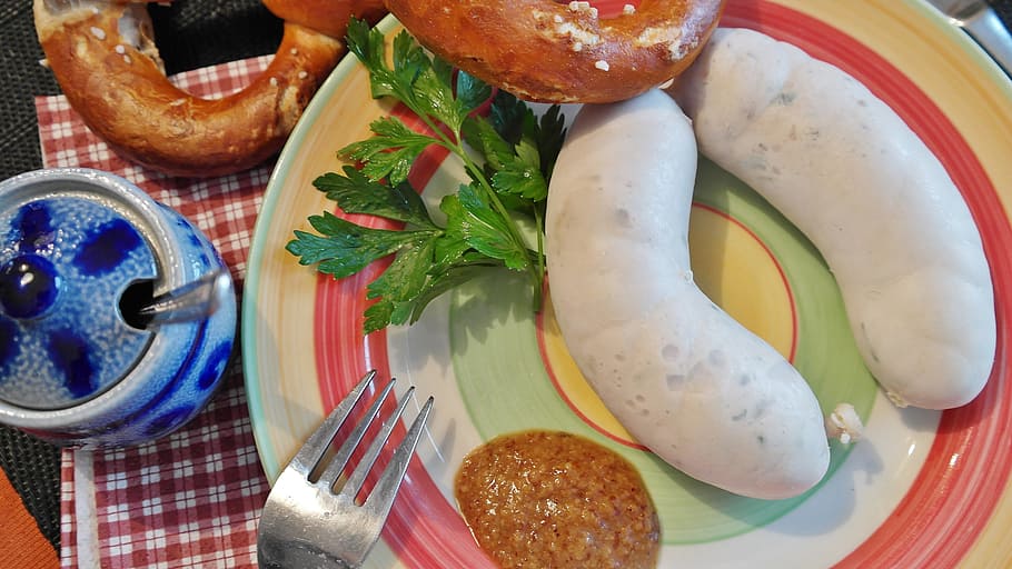 doughnut, oval, white, vegetables, fork, plate, weisswurst, sausage, cured meats, bavarian