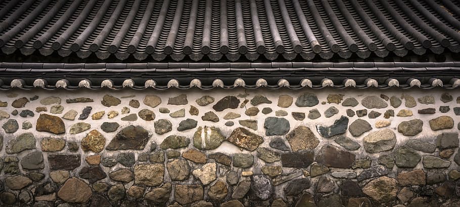 茶色のコンクリート壁, 屋根瓦, 石壁, 韓屋, 伝統的, パターン, テクスチャ, 野生, 建設, 壁