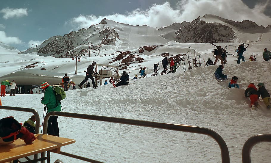 group, people, snow, daytime, skiing, winter, mountains, the alps, skis, children