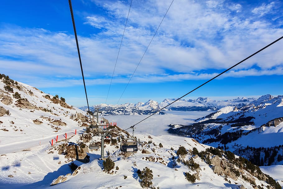 summit, peak, cliff, slope, cable car, overhead cable car, Swiss Alps, Alps, alpine, landscape