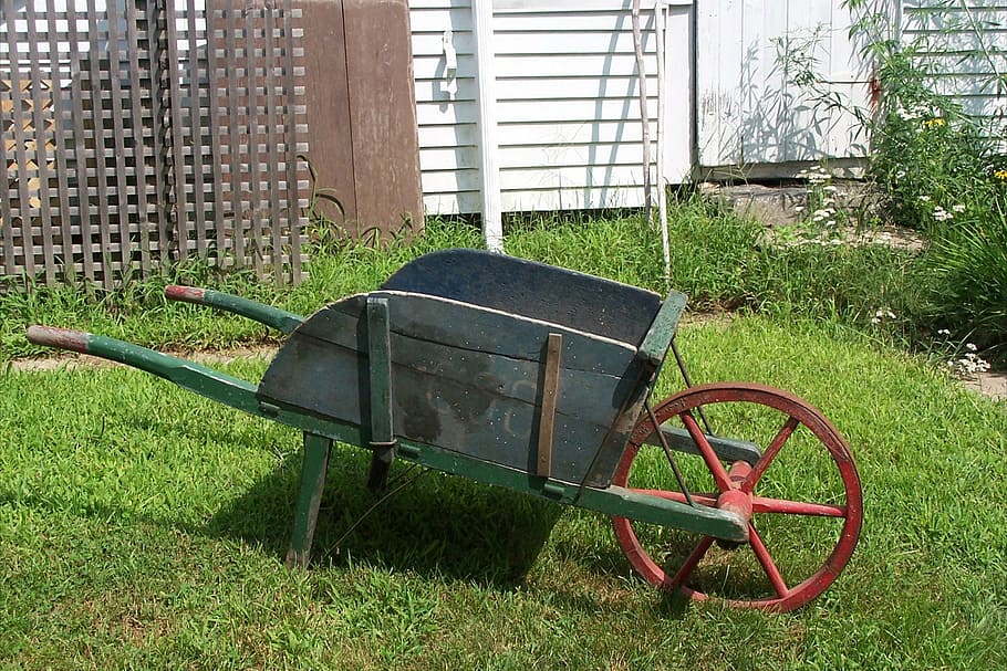wheelbarrow, garden, country, nature, grass, organic, summer, lawn, outdoors, tool