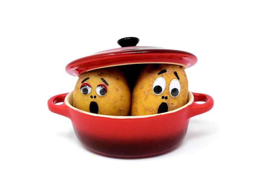 round, red-and-white, ceramic, cookware screenshot, fear, horror, potatoes, cooking pot, cute, kitchen