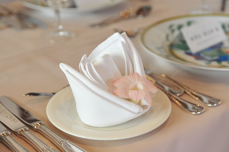 white, napkin, saucer, stainless, steel table knives, flower, table set, wedding, petal, table