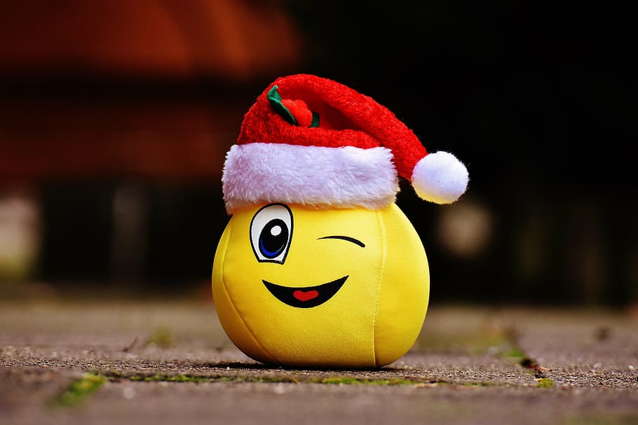 christmas, smiley, funny, laugh, wink, santa hat, representation, smiling, yellow, animal representation
