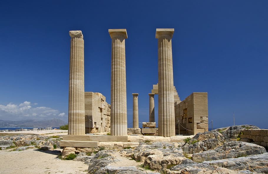 three, columns, ruined, structure, temple, athena, lindia, island, rhodes, greece