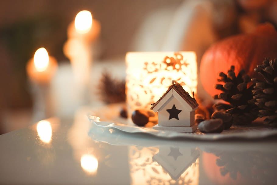 selective, focus photography, miniature, white, house, pine cones, lighted, candle, plate, near