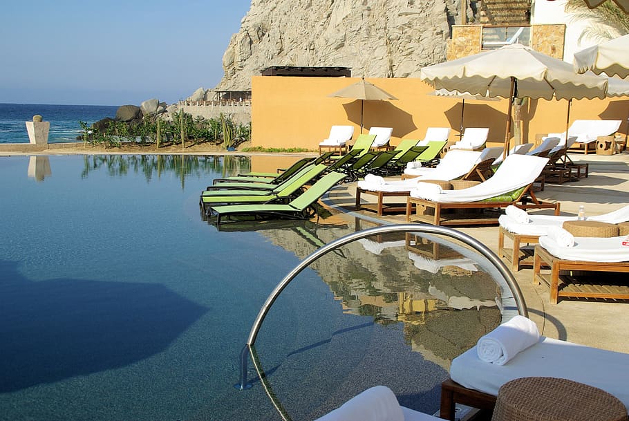empty, white, green, padded, loungers, facing, body, water, Cabo, San Lucas, Mexico, Sea, Resort