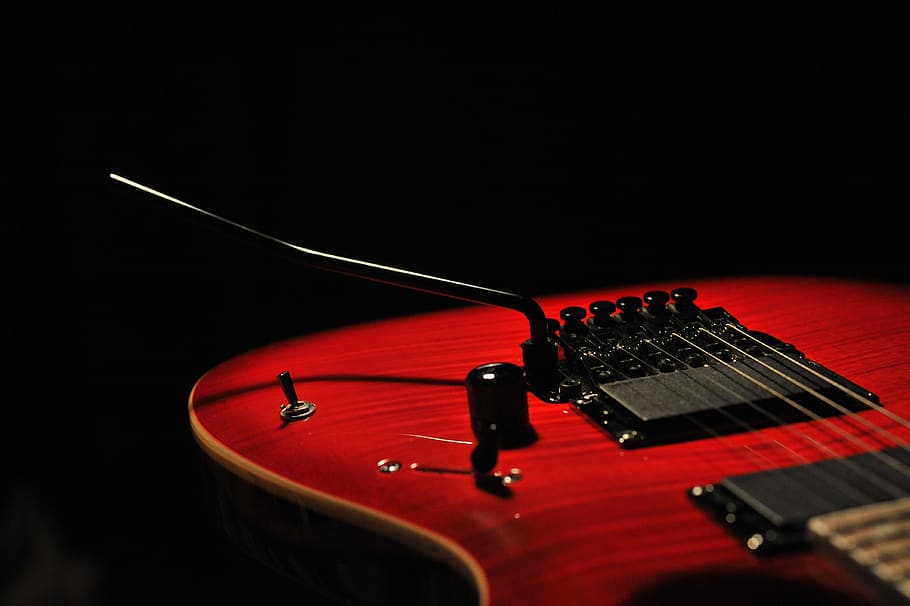 electric guitar, music, rock, ibanez, red, arts culture and entertainment, musical instrument, indoors, technology, studio shot
