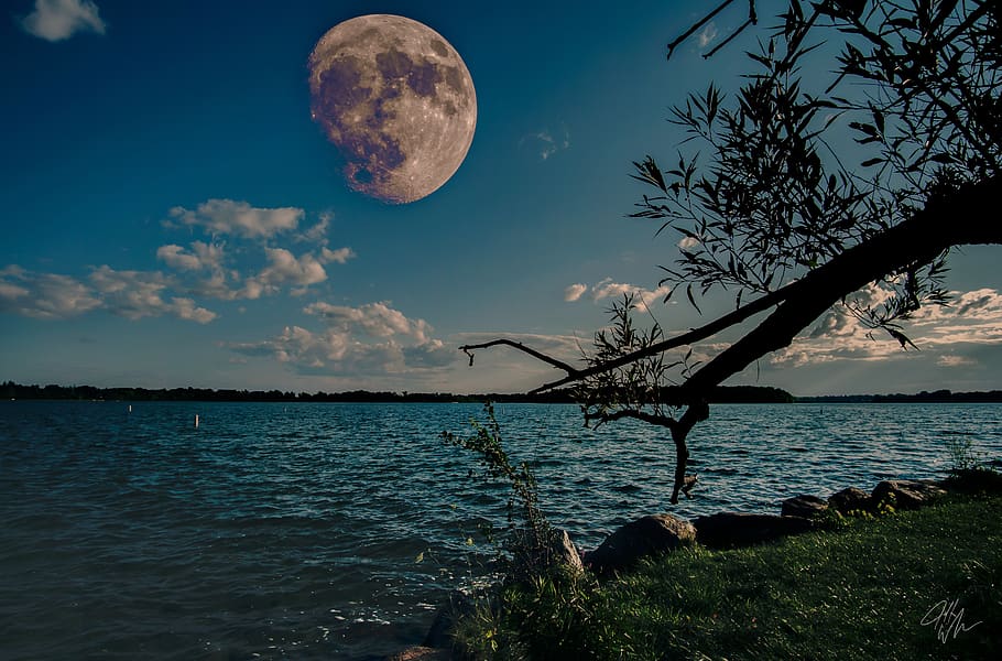 lake, moon, sky, night, surreal, fantasy, photoshop, water, scenics - nature, beauty in nature
