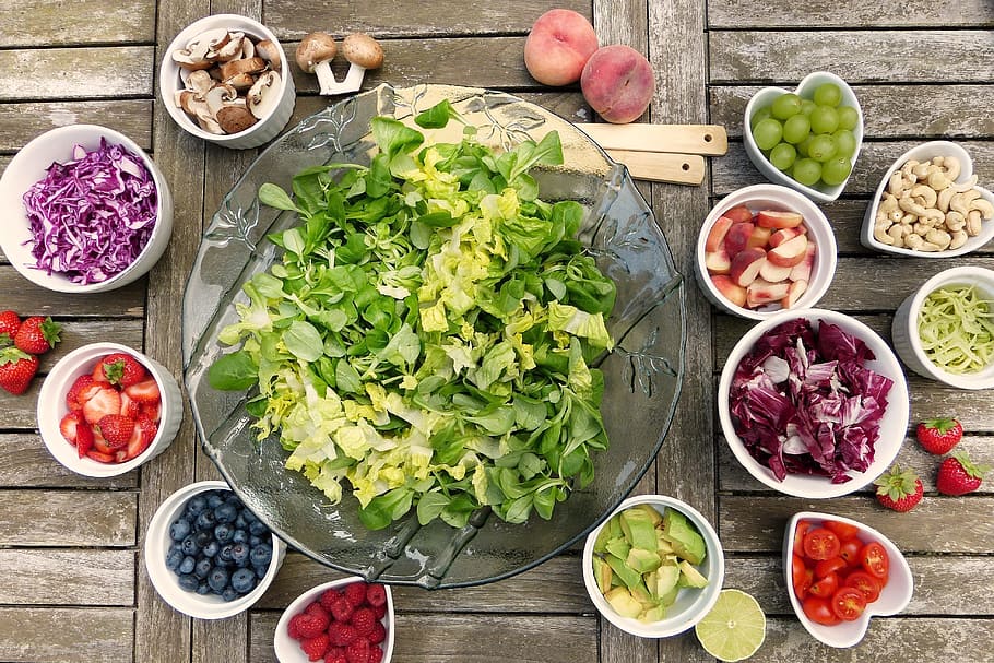 sliced, vegetables, fruits, bowls, salad, fruit, berries, nuts, avocado, radicchio