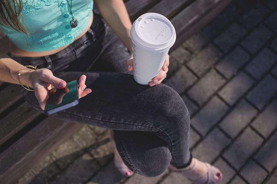 girl, texting, mobile, smartphone, woman, people, coffee, cup, drink, park