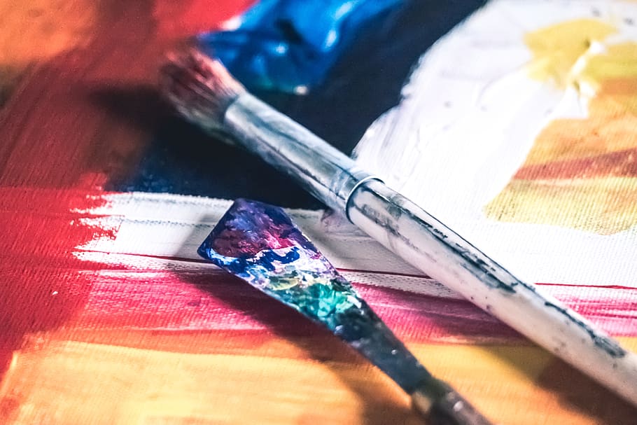 acrylic, paint, art, design, artist, painter, brush, spatula, scrapper, red