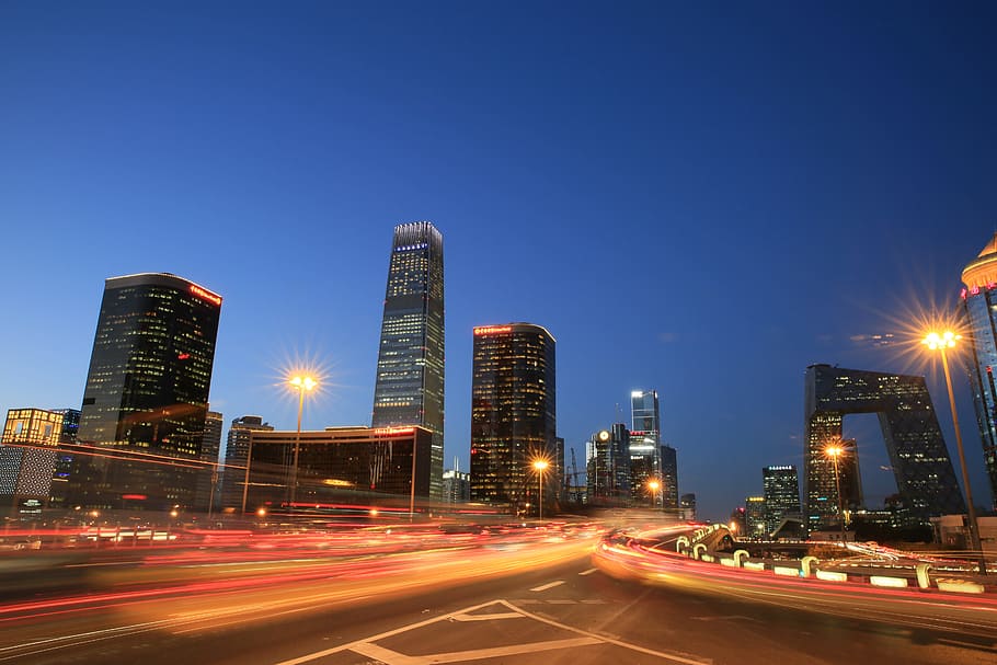 high-rise, buildings, nighttime, road, vicinity, beijing, eon, night view, traffic, city