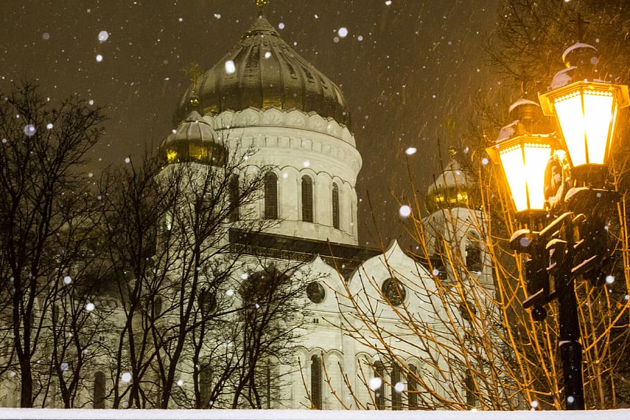 キリスト, 救世主大聖堂, 救世主キリスト大聖堂, モスクワ, クリスマス, 夜の街, 夜, 冬, 雪, ランタン