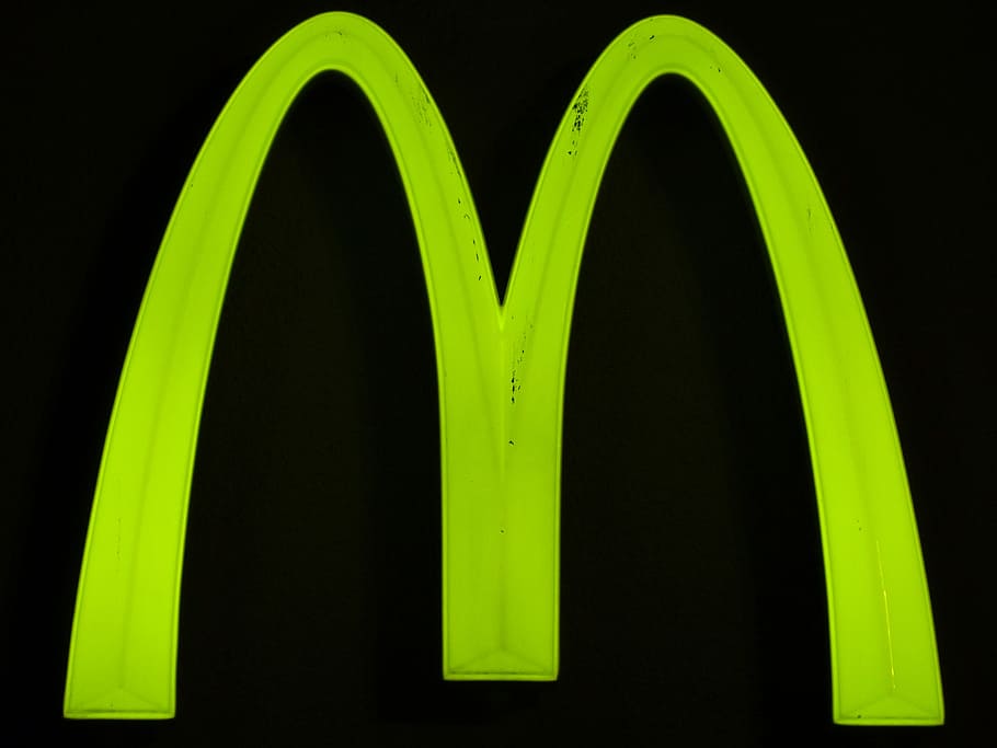 mcdonalds logo, shield, advertising sign, neon sign, advertising, mcdonalds, neon green, green, neon, billboard