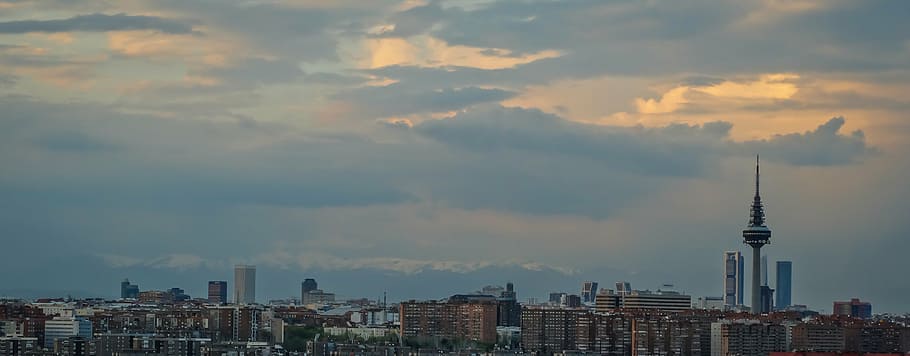 photograph, city structures, skyline, madrid, skyscraper, architecture, sunset, wallpaper, torrespaña, art