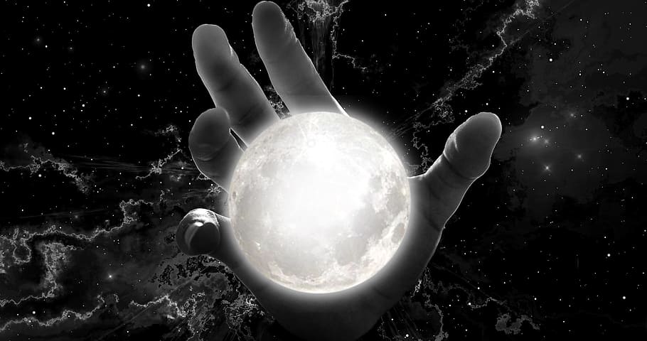 인간의, 손, 보유, 달, 공간, 밤, 공상, 하늘, 초현실적 인, 별