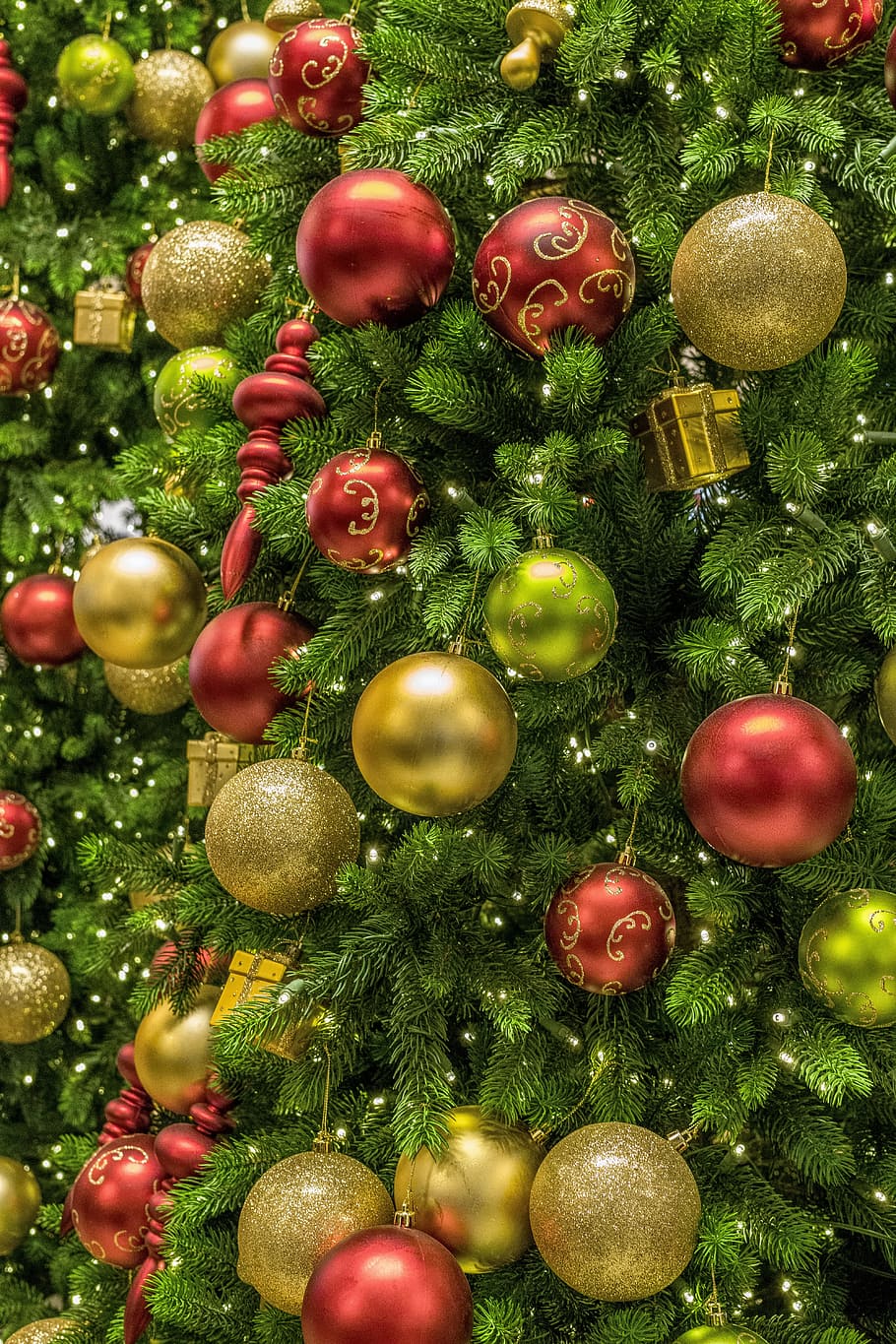 зеленый, рождественская елка, украшения, безделушки, рождество, дерево, орнамент, деко, свет, красивые