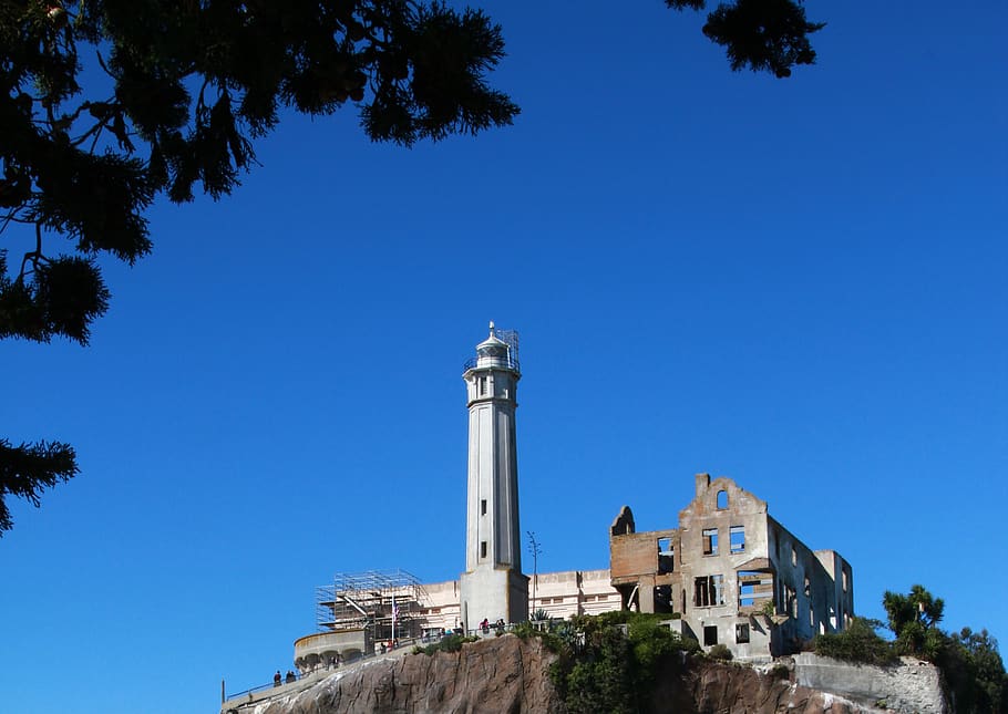 alcatraz, lighthouse, wardens house, ruins, island, landmark, prison, california, architecture, building