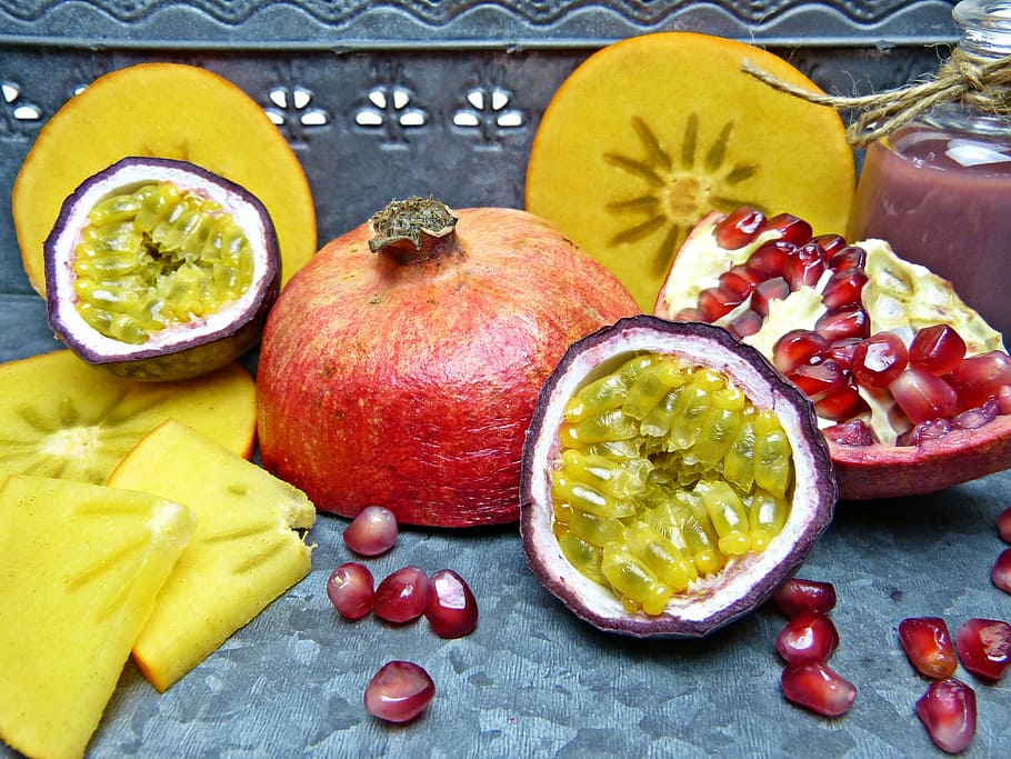 sliced, pomegranate, grey, surface, pomegranate seeds, passion fruit, persimon, kaki, sharon, gods fruit
