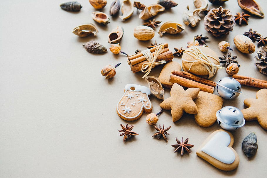 cookie, abu-abu, permukaan, berbagai macam, kacang-kacangan, natal, dekorasi, seni, ornamen, bahan