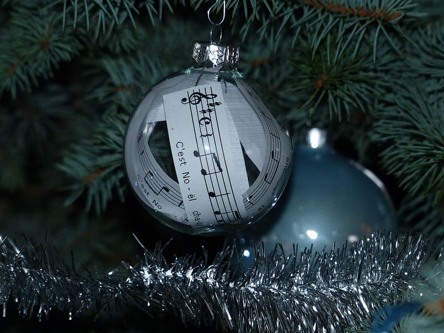 bola de navidad, navidad, decoración, abeto, transparencia, notas musicales, partición, música, alcance, canción de navidad