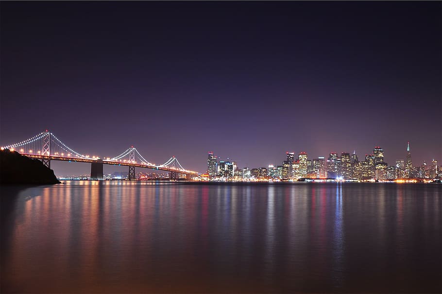 horizonte de la ciudad, noche, foto, nuevo, york, puente, puente de la bahía, arquitectura, agua, reflexión