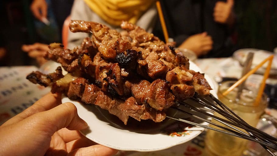 meat skewers, served, plate, Goat, Satay, Sate, Cuisine, goat satay, traditional, meat