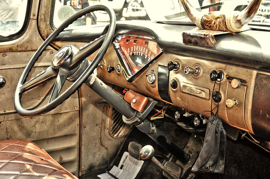 cerca, fotografía, marrón, negro, volante del vehículo, autos de EE. UU., viejo contador de tiempo, recoger, viejo, históricamente