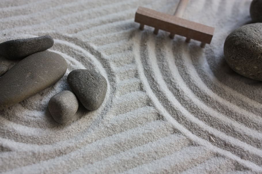 gris, piedras, blanco, arena, jardín, zen, maqueta, japón, piedra - objeto, sólido