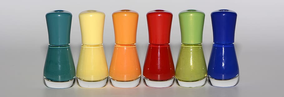 seis, frascos de cores sortidas, superfície de vidro, verniz para unhas, cor, tinta, unhas, unhas dos pés, cosméticos, design de unhas