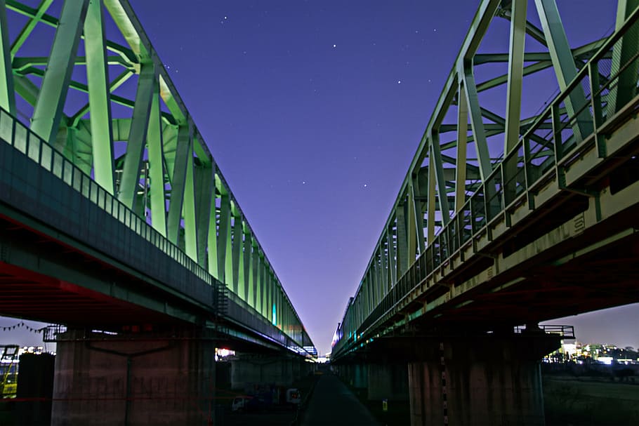 track, bridge, railway bridge, electric train, night sky, starry sky, architecture, bridge - man made structure, connection, built structure