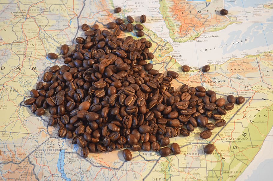 coffee beans, map, coffee, ethiopia, beans, africa, sidamo, large group of objects, still life, indoors