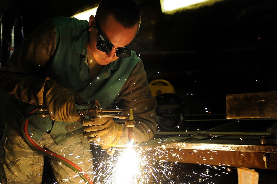 person, holding, cutting, torch, man, welding, industrial, industry, sparks, hot
