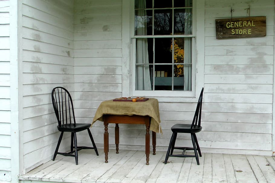 two, black, windsor chairs, front, window, general store, old fashioned, historical, sackcloth, porch