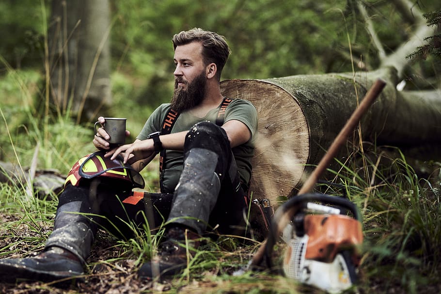 man, beard, outdoors, lumberjack, woodsman, chainsaw, nature, coffee, cup, person