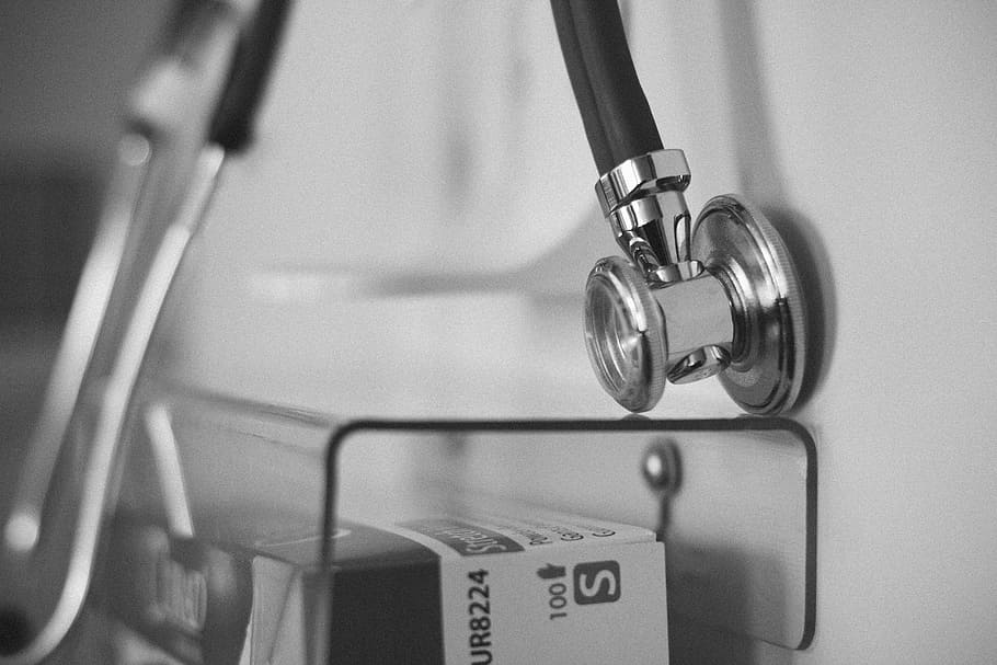 close-up photo, black, gray, stethoscope, hospital, doctor, health, medicine, healthcare, clinic