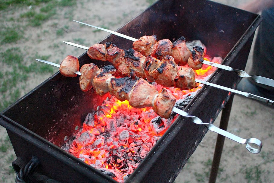 grill, nature, rest, mood, vacation, fire, coals, kebab, meat, cook