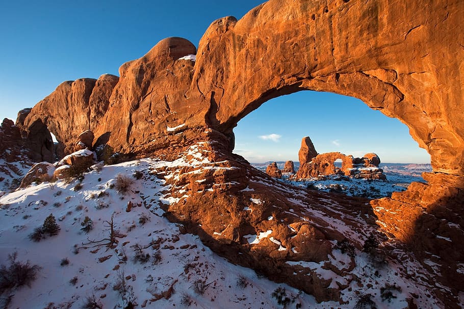 photography, rock formation, daytime, turret arch, snow, winter, sandstone, geology, landscape, scenic
