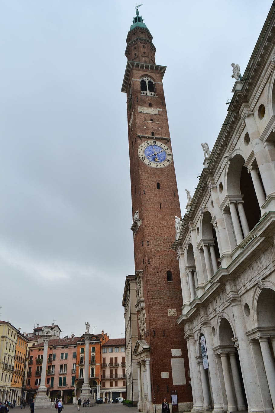 tower, italy, vicenza, place, clock, columns, architecture, built structure, building exterior, building