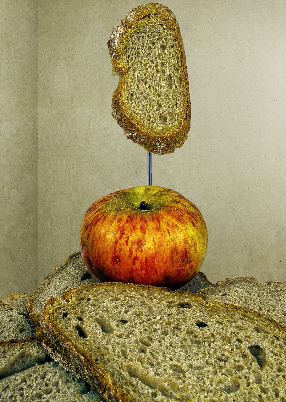 bread, bread slices, apple, breakfast, baked goods, vegetarian, vespers, vegan, still life, food-photography